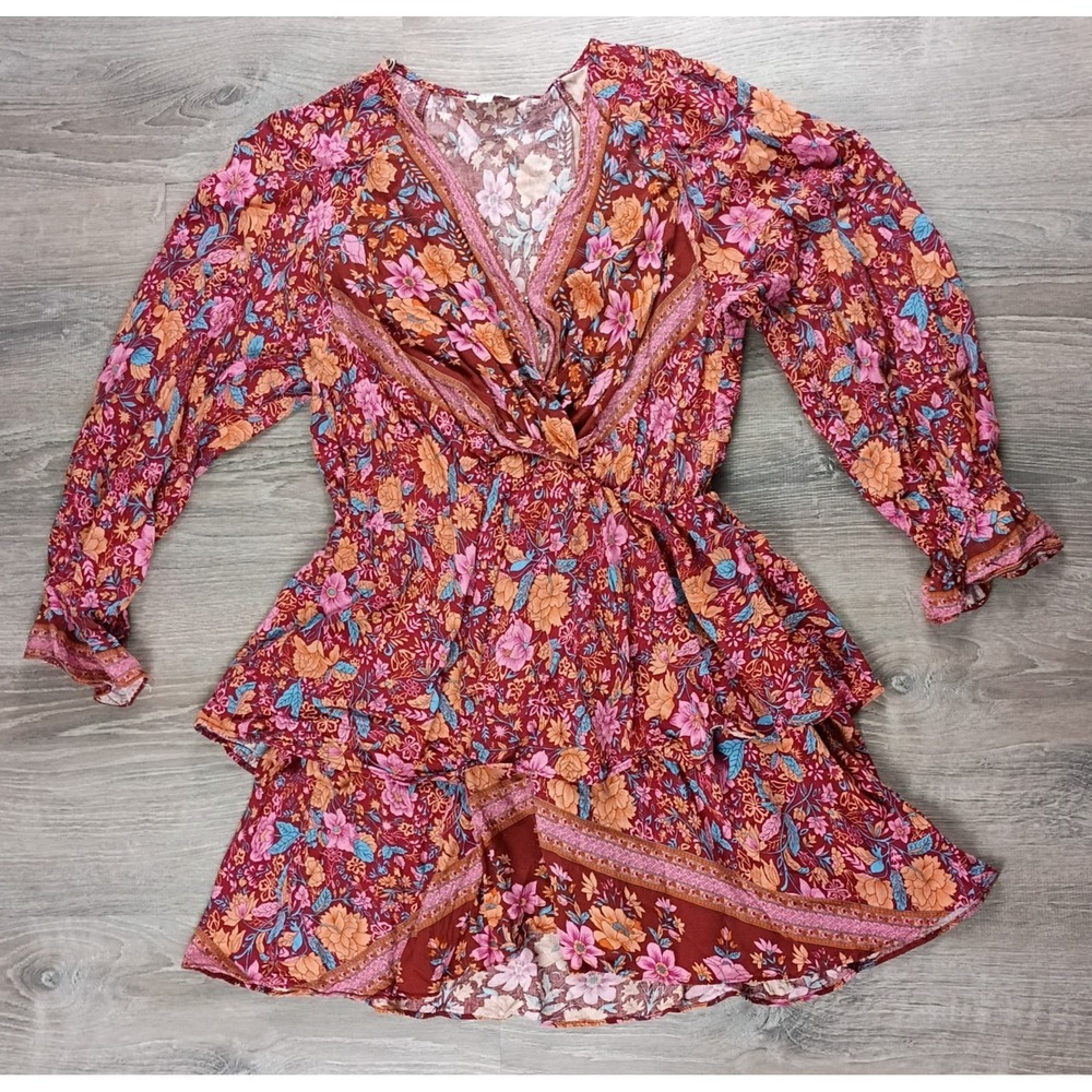 Umgee Maroon Floral Ruffle Teired V-Neck Long Sleeve Dress Mini Medium A6150